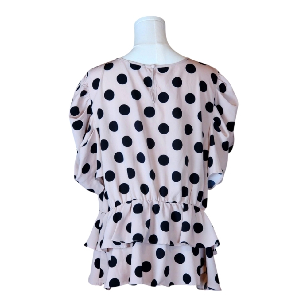 Milk & Honey Pink And Black Polka Dot Ruffle Blouse 2X Puff Sleeve Feminine - Picture 3 of 6